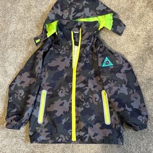 Boys Neon Trim Camo Rain Jacket - Black & Lime. Looks new